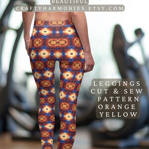 May include: A pair of leggings with a colorful geometric pattern in shades of orange, yellow, and blue. The leggings are shown on a model in a gym setting. The text "LEGGINGS CUT & SEW PATTERN ORANGE YELLOW" is visible in the image.