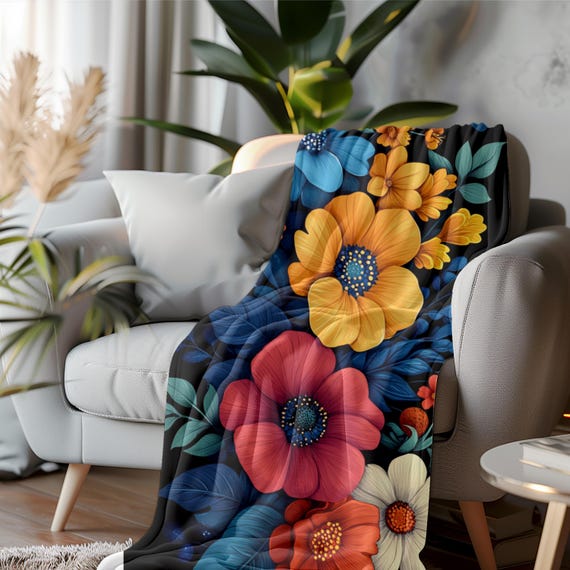 Floral on Black Velveteen Plush Blanket, Soft and Cozy Home Accent