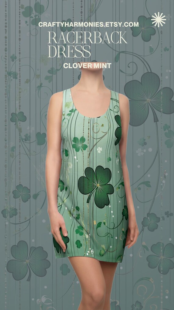 Racerback Dress, Clover Mint Four Leaf Clover Style, Irish Shamrock AOP  Dress, Women's Clothing, Elegant Zen Dress, Exquisite