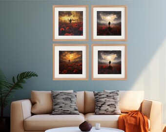 Poppy Field Sunset Print Set: ANZAC Day Remembrance Wall Art, AI Curated (Digital Download)