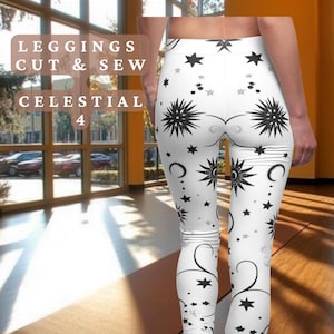 May include: White leggings with a black and white celestial print featuring stars, moons, and swirls. The leggings are called "Celestial 4" and are described as "leggings cut & sew".