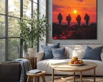 Four Soldiers Sunset , Print Design, Square Canvas, Decorative Print, ANZAC Day Gift, Commemorative Picture, Remembrance day gift