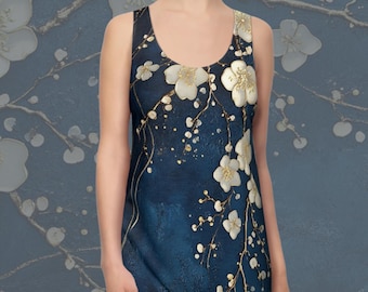 Zenistic Golden Floral 3 Racerback Dress, Dark Blue Chinese Style Pomelo Flower AOP Dress, Women&#39;s Clothing, Elegant Zen Dress, Exquisite