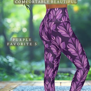 May include: Purple leggings with a repeating leaf pattern in shades of purple. The leggings are high-waisted and form-fitting. Text on the image reads "Leggings, Comfortably Beautiful" and "Purple Favorite 5". The Etsy shop name "CraftyHarmonies.Etsy.com" is also visible.