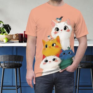 Camiseta unisex con gatitos apilados, regalo para amantes de los gatos, camiseta con gatito de dibujos animados, camiseta gráfica de animales divertidos, camiseta artística con pájaros caprichosos