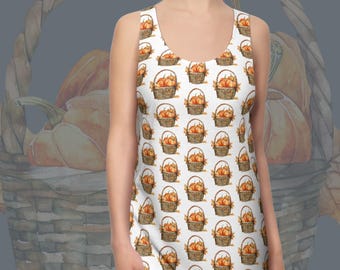 May include: White racerback dress with a repeating pattern of pumpkin baskets. The dress has a scoop neck and is sleeveless. The text "CRAFTYHARMONIES.ETSY.COM RACERBACK DRESS PUMPKIN BASKET 2" is printed at the top.