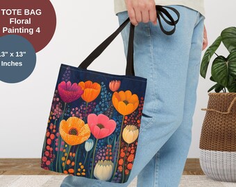 Whimsical Colorful Poppy Garden Tote Bag, Floral Painting 4 Art All Over Print