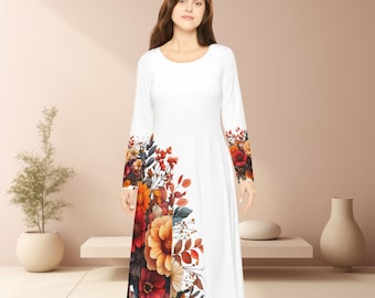 Floral Dance Dress, Spring Orange Pink Long Sleeve Dress, Customizable Design, Women&#39;s Party Dress, Elegant Twirl Dress