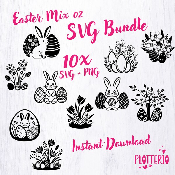 EASTER Eggs & Spring Flower Glowforge SVG Instant Download Set of 10, Easter Bunny laser cut file, Floral Cricut silhouette, Osterhase 002