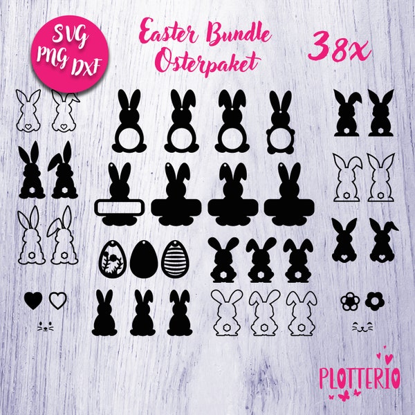 38 EASTER BUNNY Shape SVG Download Bundle Easter, Rabbit dxf, Egg svg, Name Tag, Glowforge Silhouette, laser cut file Cricut, dxf, png, Deko