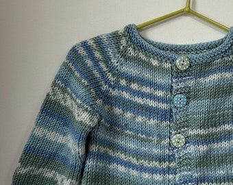 blue, green and grey handknitted 3-6 months cardigan for bespoke design