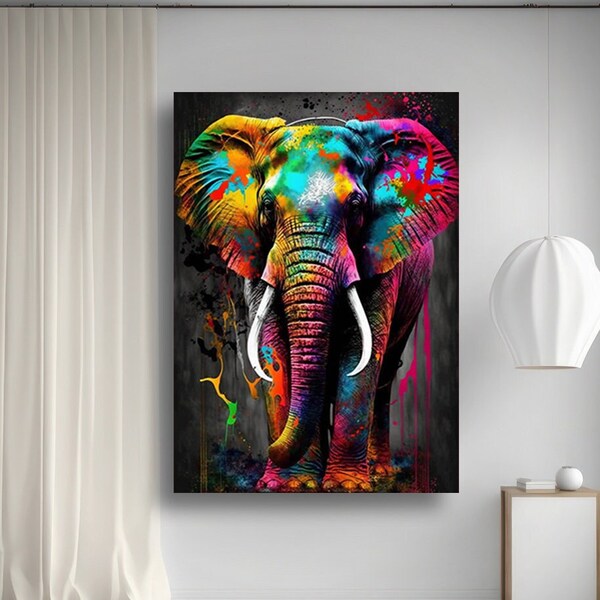 Impression d'art éléphant sur toile, grande oeuvre d'art mural Pop Art, toile éléphant colorée, impression sur toile pop art, décoration murale éléphant d'Afrique