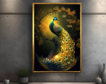 Goldenes Pfau Design Leinwand Gemälde Wanddekor, Goldener Pfau auf dem Baum, Leinwand Wandbild, Leinwand Gemälde fertig zum Aufhängen, Kunst für Zuhause