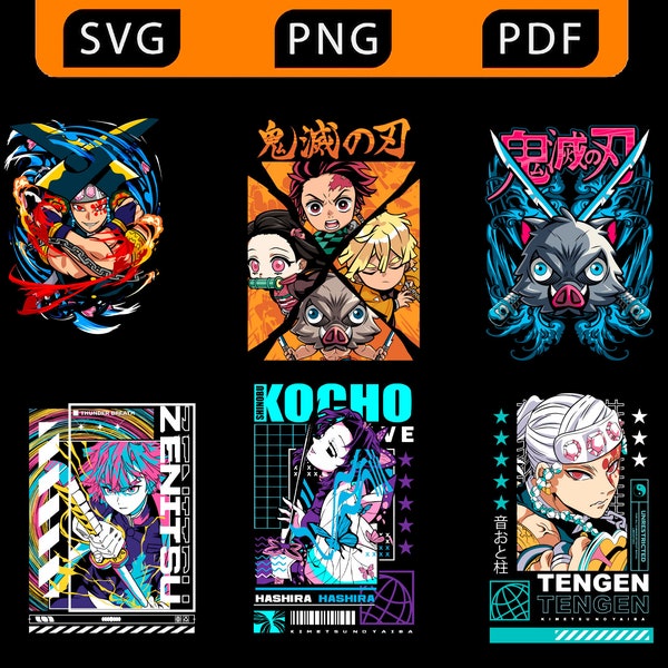 15 Japanese anime Demon Slayer vector t-shirt designs, kimetsu no yaiba Digital images, PNG, PDF, SVG instant download