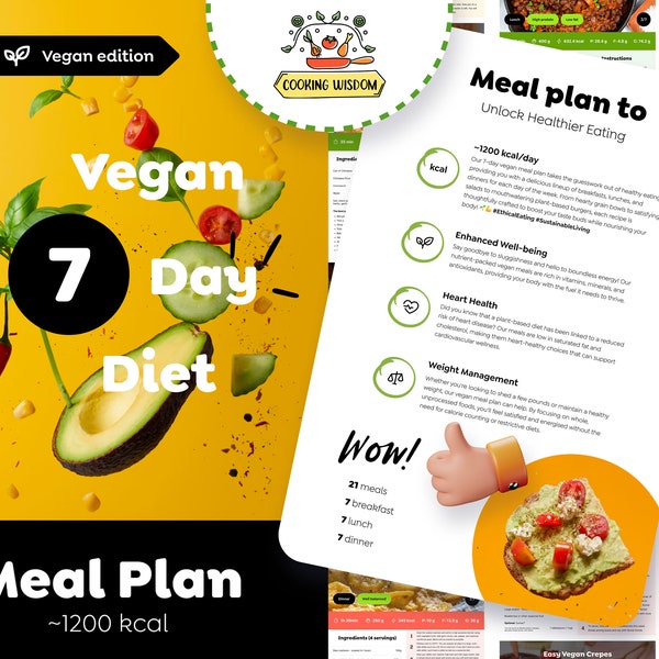 Healthy Vegan Diet Weekly Meal Plan, 21 cooking recipes for your ethical eating & sustainable lifestyle, shopping list, 1200 Calorie per day