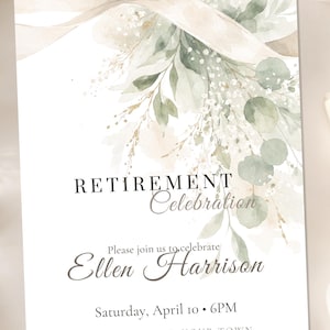 May include: A white invitation card with the text "Retirement Celebration" and the name "Ellen Harrison". The card is decorated with watercolor greenery and ribbons. A wrapped gift box with a ribbon is on the right.