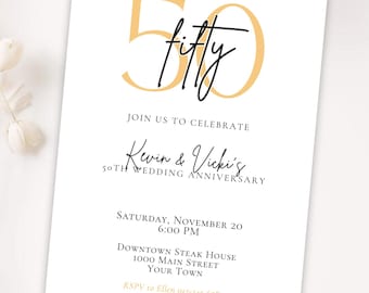 50th Anniversary Party Invitation Editable Template Canva DIY Classic Fiftieth Golden Celebration Announcement Mobile Gold Black Minimalist