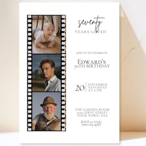 Editable 70th Birthday Invitation Template with Pictures | Man's Mobile Digital Seventieth Birthday Invite Modern Film Pics 70