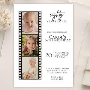 80th Birthday Invitation for Men or Women with filmstrip photos - Editable Template