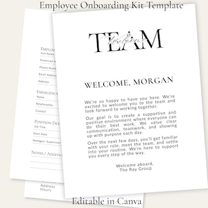 Può includere: Modello di kit di onboarding per dipendenti con la parola "TEAM" in grassetto. Il testo "WELCOME, MORGAN" è sotto la parola "TEAM". Il testo "Modificabile in Canva" è in fondo alla pagina. Un secondo modulo è parzialmente visibile.