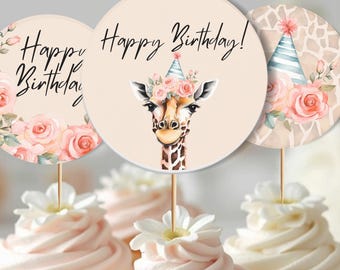 Adornos para cupcakes de cumpleaños de jirafa de la selva, decoración rosa para fiesta de safari para niña, imprimible y editable.