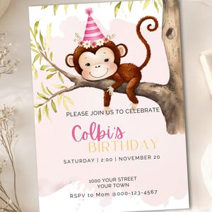 Girls Watercolor Monkey Birthday Invitation Template PDF Digital Download Editable Jungle Theme Mobile Invite in Pink Girls Birthday Party