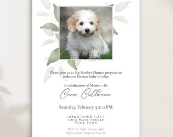 Plantilla editable de invitación para baby shower con temática de perro con imagen, fiesta de cachorros, baby shower de niño, invitación DIY, labrador, golden doodle, dachshund