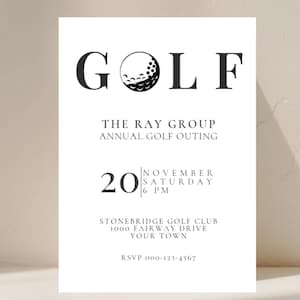 May include: A white invitation card with the word "GOLF" in large, bold, black letters. Below, the text reads "THE RAY GROUP ANNUAL GOLF OUTING" and details for the event, including the date, time, and location. RSVP information is at the bottom.