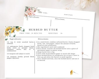 Könnte beinhalten: Zwei weiße Rezeptkarten mit Blumenakzenten. Die vordere Karte zeigt den Titel HERBED BUTTER, Zubereitungszeit, Portionen sowie eine Liste der Zutaten und Anweisungen. Die hintere Karte ist eine leere Vorlage mit Überschriften für Zeit, Portionen und Zutaten.