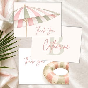 Tarjetas de agradecimiento de estilo preppy veraniego, set para baby shower, notas para despedida de soltera, papelería para fiesta en la piscina, tarjetas de notas con monograma personalizado.