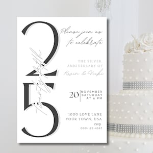 Modèle modifiable d'invitation à une fête du 25e anniversaire sur toile, bricolage classique, faire-part de célébration argent vingt-cinquième, invitation minimaliste mobile