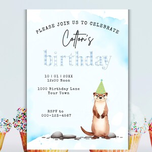 Invitación para fiesta de cumpleaños de nutria para niños, plantilla de Canva editable, tema de nutria azul, invitación móvil DIY, impresión en casa, linda fiesta de animales nutria