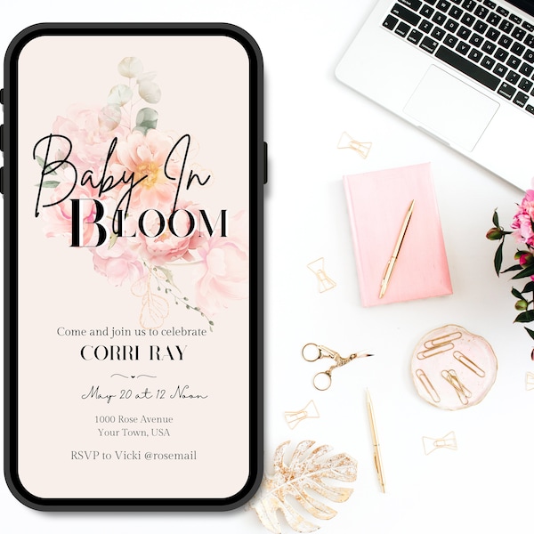 Pink Floral Baby in Bloom Shower Invitation Canva Template Editable Download Delicate White Flowers Mobile Invite for Baby Shower Invite