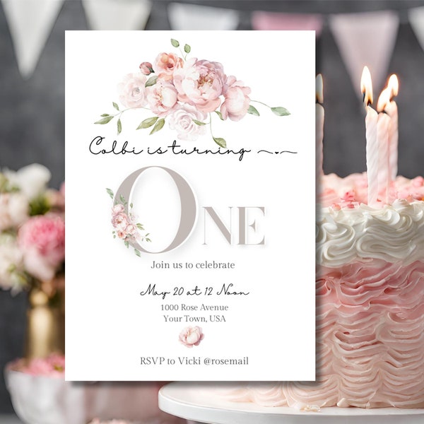 Baby's First Birthday Invitation PDF Digital Download Editable Template Pink Floral Print at Home Invite 1st Birthday Mobile Invite Flowers