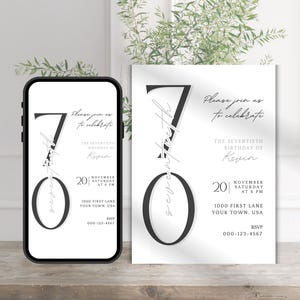 Bearbeitbare 70. Geburtstagsfeier-Einladungsvorlage Mannes Mobile Siebziger Geburtstag laden Silber und schwarzes modernes minimalistisches bewegliches druckbares ein