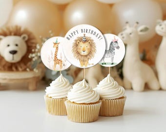 Jungle Birthday Cupcake Toppers, Safari Animal Party Decor, Editable Printable Party Toppers