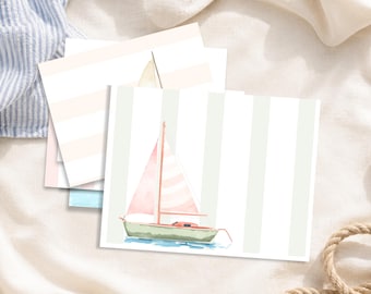 Personalized Sailboat Note Cards Watercolor Coastal Boat Thank You  Note Stationery Set Custom A1 A2 Cards