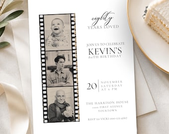 Editable 80th Birthday Invitation Template with Photo Filmstrip Man's Mobile Eightieth Birthday Invite Picture Film Pics Eighty Female