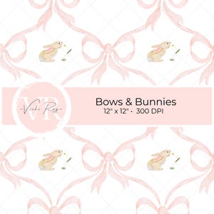 May include: A seamless pattern featuring pink bows and brown bunnies on a white background. The pattern is 12 inches by 12 inches and 300 DPI. The text "Bows & Bunnies" is displayed in the centre of the image.