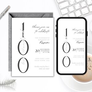 Editable Mens Womens 100th Birthday Party Invitation Template Mobile Minimalist One Hundredth Digital Invite Classic Silver Black Mobile