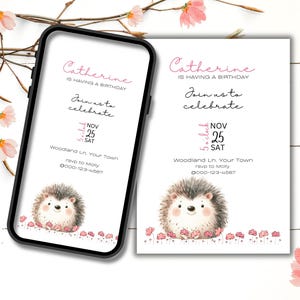 Invito per festa di compleanno per bambina con riccio del bosco, modello modificabile, invito per cellulare, fiore rosa, riccio, animali del bosco, acquerello