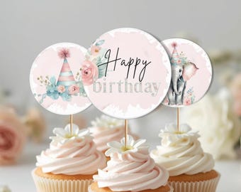 Pink Elephant Birthday Cupcake Toppers | Editable Party Decoration | Printable Circles | Safari Jungle Theme