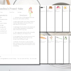 Modelo de cartão de receita editável minimalista ilustrado download instantâneo Página de aquarela para fichário de caderno organização de cozinha presente para cozinheiro