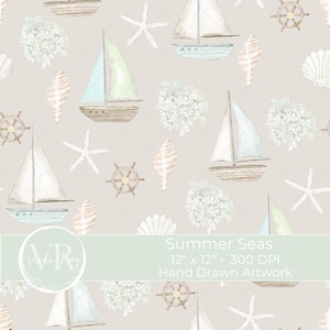 Segelboot Seamless Pattern Nautische Sommer Strand Digitales Papier Hortensien Muscheln Ozean Boot druckbare Stoff Pastell Küste Kinderzimmer Design