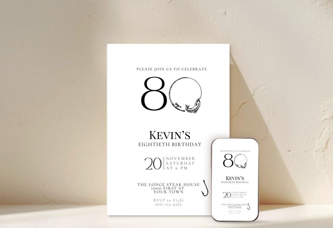Eighty 80th Birthday Invitation Fishing Template Modern Black Silver ...
