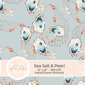 Oysters Pearls Seamless Pattern – Coastal Ocean Digital Paper, Oyster Clipart Background, Boho Sea Life Sublimation, Repeat Wallpaper