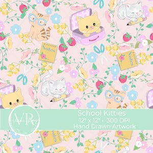 Retour à l'école sans couture girly cats professeur modèle de conception répéter classe coquette fleurs dessinés à la main pastel floral kawaii papier numérique