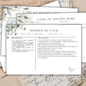 Modèle de carte de recette modifiable 4 x 6, lot de recettes aquarelle avec plantes botaniques PDF à téléchargement immédiat imprimable sur toile imprimable