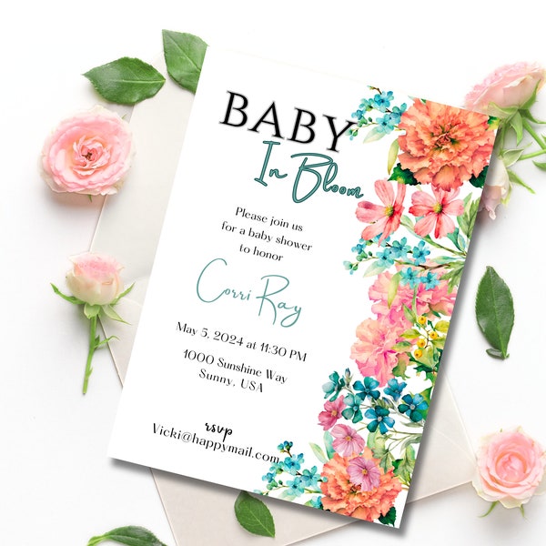 Bright Floral Baby in Bloom Shower Invitation Canva Template Editable Download Pink Blue Flowers Mobile Invite for Baby Shower Invite