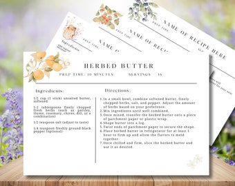 May include: Printable recipe card with a watercolor floral design. The recipe is for Herbed Butter and includes ingredients, directions, and prep time. The card is white with black text.